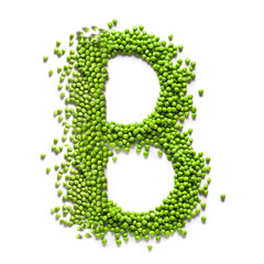 Letter B made of healthy green peas on white background