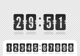 Scoreboard number font. Flip countdown number with reflections isolated on transparent background. Vintage floating flip clock time counter vector template. Vector illustration template.