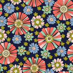 Colorful Large Scale Hand-Drawn Floral Vector Seamless Pattern. Retro 70s Style Nostalgic Fashion Textile Bold Background. Summer Resort Print. Daisies. Flower Power