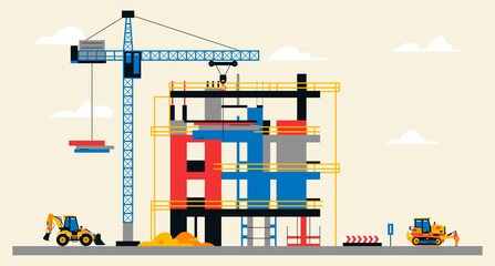 Construction site illustration. Building under construction. Heavy machinery work on site, excavator and bulldozer, large crane, unfinished building. Vector illustration, flat design.
