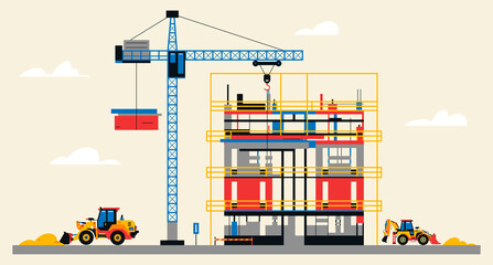 Construction site illustration. Building under construction. Heavy machinery work on site, excavator, large crane, unfinished building. Vector illustration, flat design.