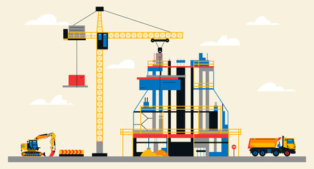 Construction site illustration. Building under construction. Heavy machinery work on site, excavator and truck, large crane, unfinished building. Vector illustration, flat design.