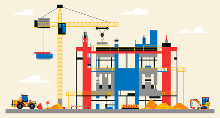 Construction site illustration. Building under construction. Heavy machinery work on site, large crane, unfinished building. Vector illustration, flat design.