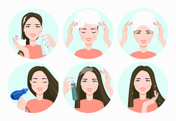 Beauty fashion girl do different hair care and styling procedures.  Woman Making Haircare Procedures. How to care for your hair and style them instruction. Hair treatment procedure. Isolated vector 