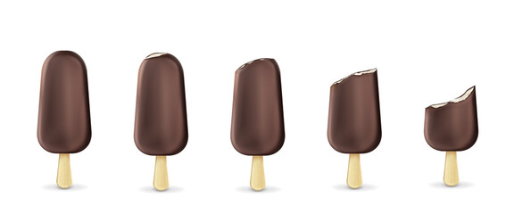 Popsicle ice cream on stick row from whole to bitten. Frozen. summer dessert of brown color made of fresh cream covered with chocolate isolated on white background. Realistic 3d vector icons set