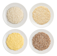 a set of ready-made cereals on white plates . rice, oatmeal, millet and buckwheat