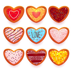 Gingerbread cookies in shape of heart, cartoon sweets for Valentines day or dating. Decorated pastry with icing and sprinkles, love symbols isolated on white background, Vector illustration, set