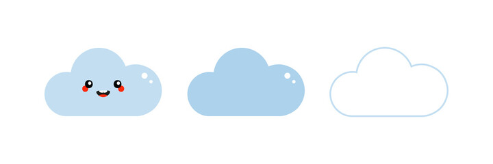 Set, collection of cute cartoon style blue cloud character and clouds symbols, icons for weather, nature design.