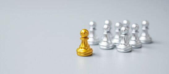 golden chess pawn pieces or leader businessman stand out of crowd people of silver men. leadership,...