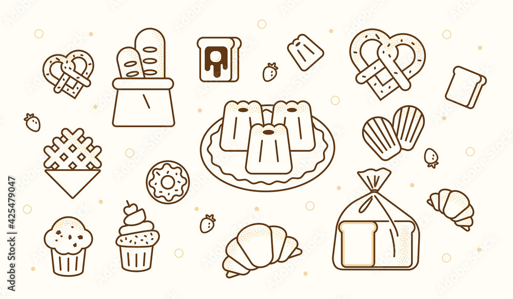 Poster delicious bakery object line drawing. flat design style minimal vector illustration.