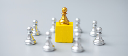 golden chess pawn pieces or leader  businessman with circle of silver men. victory, leadership, business success, team, and teamwork concept