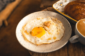 Breakfast, bread, coffee and fried eggs