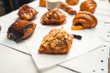 Freshly baked traditional bread on wooden table