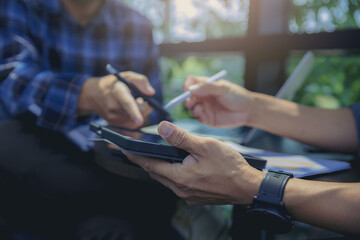 Obraz premium Businessman using hand gesture while explain business report and discussion in the meeting. Selected focus