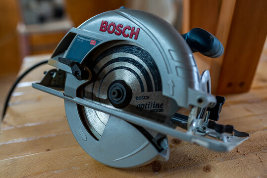 Miercurea Ciuc, Romania- 05 April 2021: Bosch Professional GKS 190 circular saw in a small workshop.