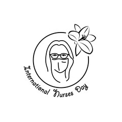 Obraz premium International Nurses Day linear medical icon. Vector abstract illustration of a nurse wearing medical protective face mask and glasses and flower. Linear emblem for Nurse Day celebration