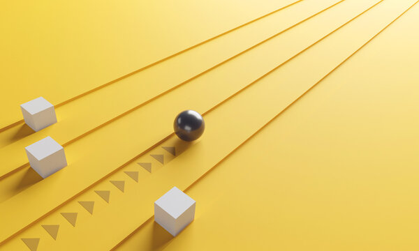 Leadership concept, One leader grey sphere leads other boxes. Winning strategy in business, 3d render.
