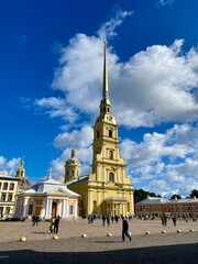 View of the Saints Peter and Paul Cathedral in the Peter and Paul Fortress on a sunny day. Saint Petersburg, Russia.