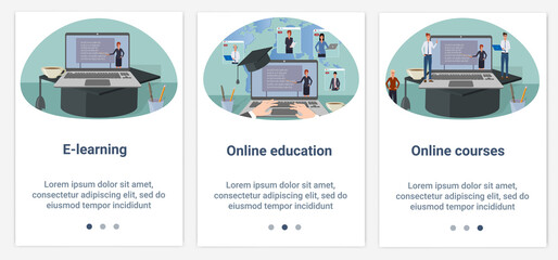 Modern flat illustrations in the form of a slider for web design. A set of UI and UX interfaces for the user interface.Online education.
