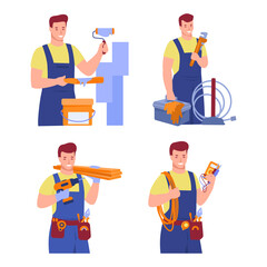 Set of workers of various construction, repair professions. Painter, electrician, carpenter, plumber. Vector illustration in flat cartoon style.