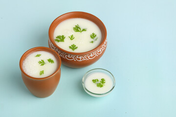 Summer cooler Buttermilk drink. Made of yogurt. Buttermilk made with yogurt.