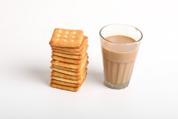 Morning breakfast concept. tea cup and Biscuit on white background.