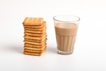 Morning breakfast concept. tea cup and Biscuit on white background.