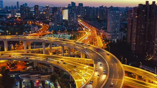 Aerial view of the city highway in Shanghai at night,China.