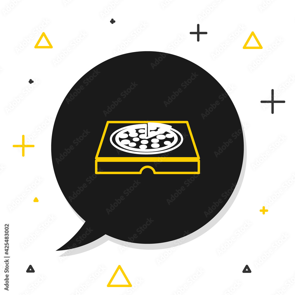Poster line pizza in cardboard box icon isolated on white background. box with layout elements. colorful ou