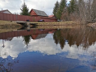 reflection of the sky and clouds in the calm surface of the water