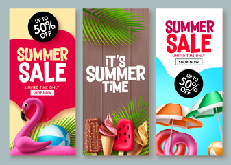Summer sale vector poster design. Summer promotion flyer set for special promo shopping coupon sale design. Vector illustration.