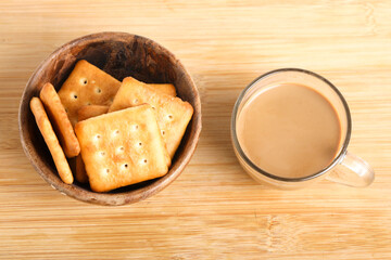 Morning breakfast concept. tea cup and Biscuit on white background.