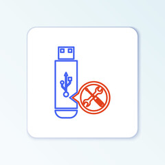 Fototapeta premium Line USB flash drive with screwdriver and wrench icon isolated on white background. Adjusting, service, setting, maintenance, repair, fixing. Colorful outline concept. Vector