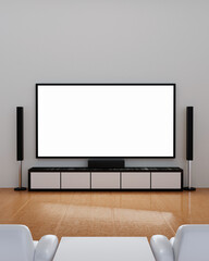 Home Theater on white plaster wall. Big wall screen TV and  Audio equipment use for Mini Home Theater. white sofa and table on wooden floor. 3D Rendering.