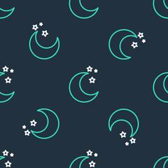 Line Moon and stars icon isolated seamless pattern on black background. Vector
