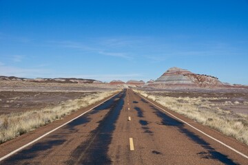 Empty road in Petrified Forest National Park in Arizona USA