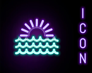 Glowing neon line Sunset icon isolated on black background. Colorful outline concept. Vector