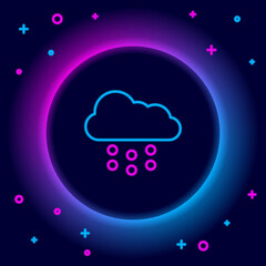 Glowing neon line Cloud with snow icon isolated on black background. Cloud with snowflakes. Single weather icon. Snowing sign. Colorful outline concept. Vector