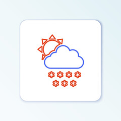 Line Cloud with snow and sun icon isolated on white background. Cloud with snowflakes. Single weather icon. Snowing sign. Colorful outline concept. Vector