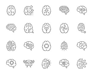 Set of outline icons symbolizing various smart brain activities. Editable stroke.