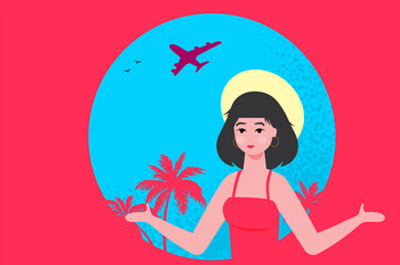 Flat Summer Holiday and Summer Camp poster with young girl