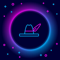 Glowing neon line Oktoberfest hat icon isolated on black background. Hunter hat with feather. German hat. Colorful outline concept. Vector