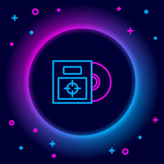 Glowing neon line CD or DVD disk in box icon isolated on black background. Compact disc sign. Colorful outline concept. Vector
