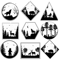forest in a frame. woodland. black and white. silhouette of animals. Vector graphics. EPS format.