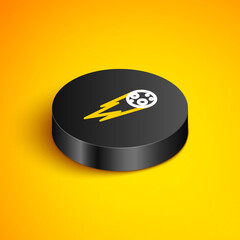 Isometric line Comet falling down fast icon isolated on yellow background. Black circle button. Vector