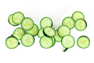 Many cucumber slices, flying in the air