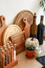 Cutting boards and products on kitchen counter