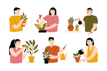 Set of scenes with people and their home plants. Caring for houseplants: watering, wiping, spraying, fertilizing, pruning