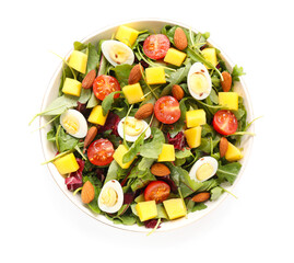 Plate of fresh mango salad on white background