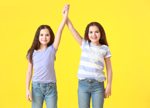 Portrait of cute twin girls on color background